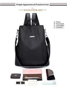 Detail view showing the large capacity and various items fitting inside the anti-theft backpack.