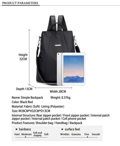 Black nylon backpack with 28x32x13cm dimensions and internal structure details