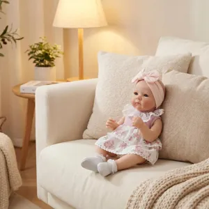 Realistische 18-Zoll Bettie Reborn-Puppe in floralem Spitzenkleid auf Sofa