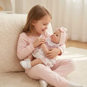 Detailaufnahme der Bettie Reborn-Puppe im rosa Spitzenkleid, gehalten von einem Kind.
