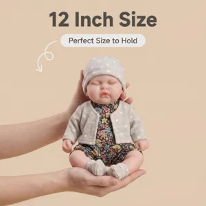 Detailed view of a 12-inch lifelike reborn baby doll held in hands with floral outfit