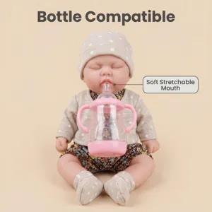 Detailed view of 12-inch reborn doll with soft stretchable mouth holding a bottle