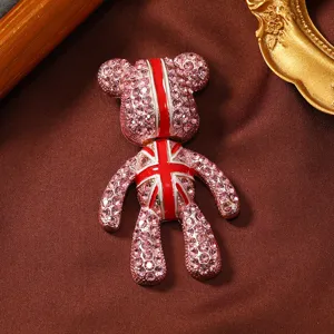 Britse Stijl Teddybeer Broche Legering Ingelegde Strass Beer Pin Union Jack Patroon Voor Vrouwen Pak Jas Sieraden