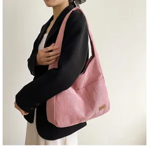 Pink corduroy large capacity tote bag detail showing high-quality texture and style