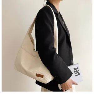 Large capacity off-white corduroy tote bag for women with minimalist design
