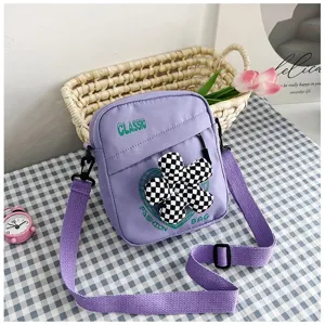 Bolso bandolera de lona morada para mujer con bonito adorno de flor a cuadros