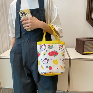 Cute cartoon canvas tote bag for daily lunch use featuring bunny and heart prints