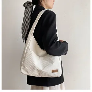 Women Large Capacity Corduroy Tote Bag Minimalist PU Trim Shoulder Bag For University Students School Daily Use