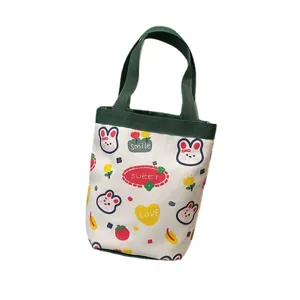 Cute cartoon canvas tote bag with bunny and strawberry patterns for lunch