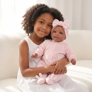 Detailed view of a 17-inch reborn baby doll in a pink rabbit romper held by a girl.