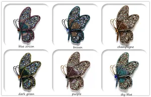 Detailed display of rhinestone butterfly brooches in six elegant color variants