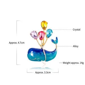 Charming blue whale brooch featuring colorful crystal water drop balloons in alloy metal