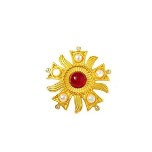 Vintage vergoldete Sonnenblumenbrosche mit rotem Cabochon und Perlen