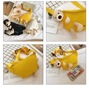 Detailed view of cute canvas chest bags with 3D plush bear in yellow, black and white colors