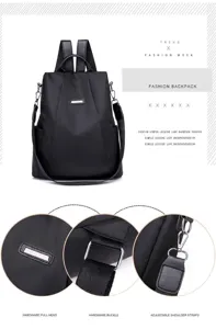 Detailed views of black nylon anti-theft backpack showing hardware and straps
