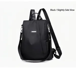 Detailed side view of a black high-capacity nylon anti-theft backpack for women