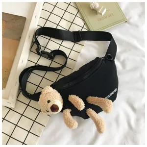 Detailed view of a cute black canvas waist bag with a 3D plush teddy bear for casual use