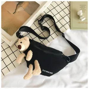 Casual canvas crossbody chest bag with cute 3D plush teddy bear decorative detail