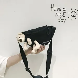 Close-up of a cute plush bear canvas chest bag for women in casual outdoor style