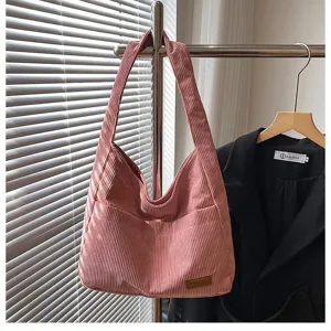 Stylish large capacity dusty pink corduroy shoulder bag with front pocket for women