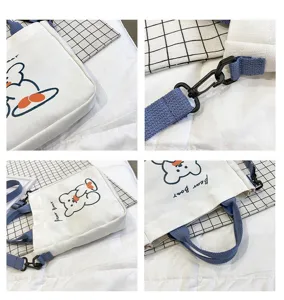 Vierteilige Detailansicht einer weißen Leinwandtasche mit süßem Bären und blauen Trägern