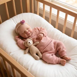 Detailansicht einer 19-Zoll-Reborn-Puppe im rosa Strickset, die in einer Wiege liegt.