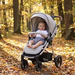 Detailed view of 22 inch Saskia reborn baby doll sitting in a grey stroller in an autumn forest.