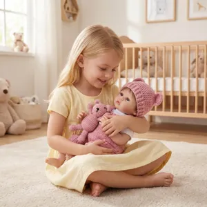 A young girl holding a realistic 22-inch reborn doll in a pink knitted bear outfit