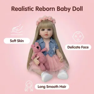 Poupée Reborn Réaliste 22 Pouces Betty Corps Entier en Vinyle 55cm Cheveux Blonds Lestés Poupée Fille Avec Robe en Dentelle Rose Veste en Jean Et Ours en Peluche Cadeau Pour Enfants
