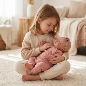 Kleines Mädchen hält eine realistische 19-Zoll-Reborn-Puppe in einem rosa Pullover-Set.