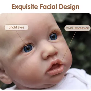 Close-up of realistic Saskia doll face showing bright blue eyes and vivid expression