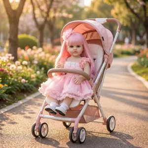 Close-up detail of a 22-inch reborn doll with long pink hair in a pink stroller