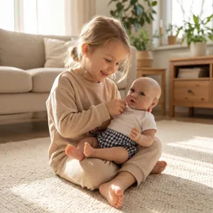 Close-up of a realistic 22-inch Saskia reborn doll held by a smiling young child.