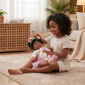 Niña jugando con una muñeca Reborn Arrianna de 22 pulgadas en un acogedor hogar cálido