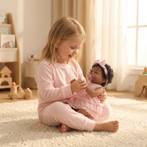 Vue détaillée d'une poupée reborn de 19 pouces en robe rose tenue par une petite fille