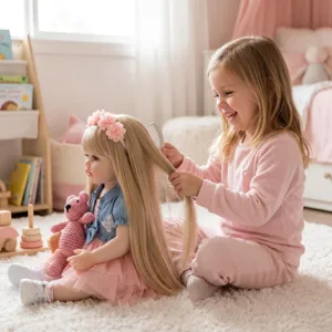 Détail d'une poupée reborn Betty 22 pouces avec longs cheveux blonds et robe tutu rose