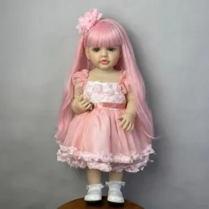 Realistic 22-inch reborn doll featuring long pink hair and a beautiful floral pink party dress