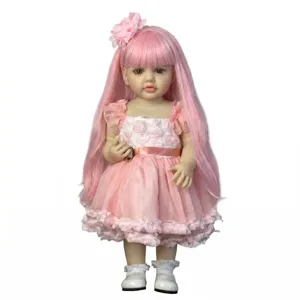 22 inch realistic reborn doll with long pink hair and floral dress