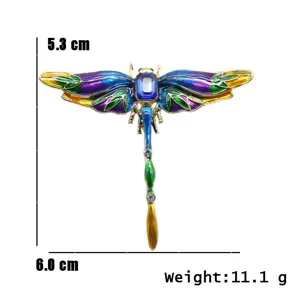 Detailed view of vintage enamel dragonfly brooch with size and weight annotations