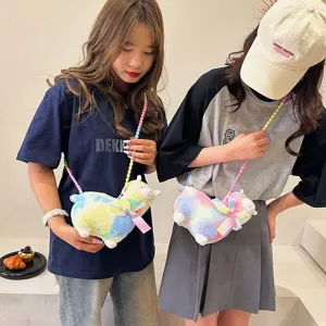 Süße Alpakaförmige Plüsch Umhängetasche Für Damen Mädchen Regenbogen Batik Weicher Kunstpelz Kleine Schultertasche Mit Bunten Perlenkette
