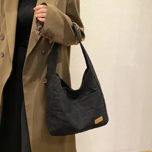 Large black corduroy tote bag for women, stylish minimalist shoulder bag for students