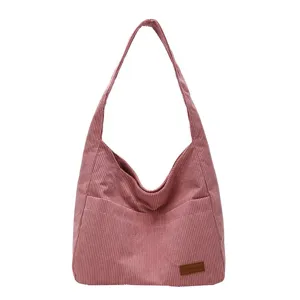 Pink corduroy large capacity shoulder tote bag for women with minimalist versatile design