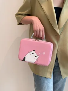 Mallette de maquillage rose avec imprimé chat mignon et poignée robuste en métal argenté