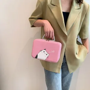Trousse à maquillage rose portable avec imprimé chat et poignée en métal