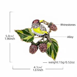 Vintage magpie bird brooch with strawberry berries and rhinestones in enamel alloy