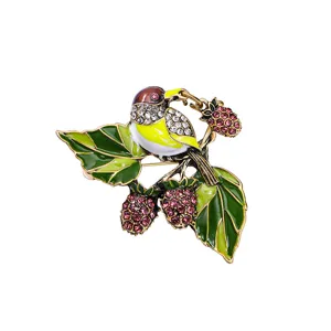 Elegant vintage enamel bird and strawberry brooch pin with colorful rhinestones for suits