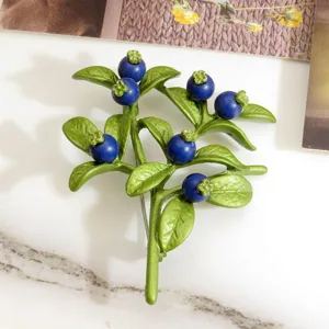 Broche Myrtille en Laque Verte Élégante pour Femmes Alliage Faux Lapis-Lazuli Épingle Botanique Corsage Bijoux Plante Vintage