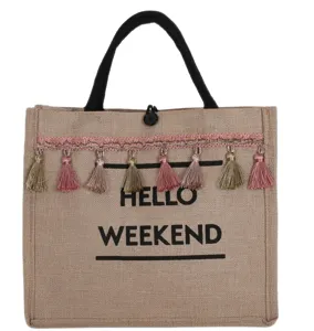Stylish large capacity jute tote bag with colorful tassels and Hello Weekend print for women