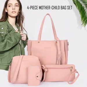 Damen Litschi-Muster PU-Leder 4-in-1 Taschen-Set Quaste Tote Umhängetasche Handtasche Brieftasche Kartenhalter Urban Mode