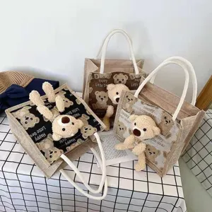 Collection of linen tote bags with cute 3D plush teddy bear decorations